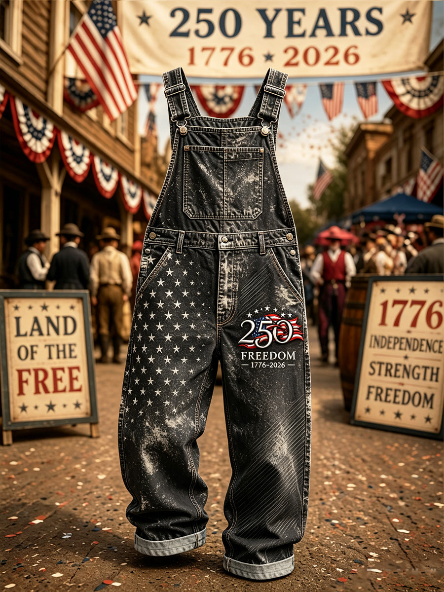 Men's Retro U.S A Freedom Print Vintage Casual Retro Denim Overalls